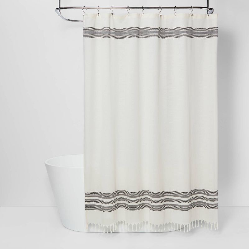 slide 1 of 4, Striped Fringe Shower Curtain Off-White - Threshold, 1 ct