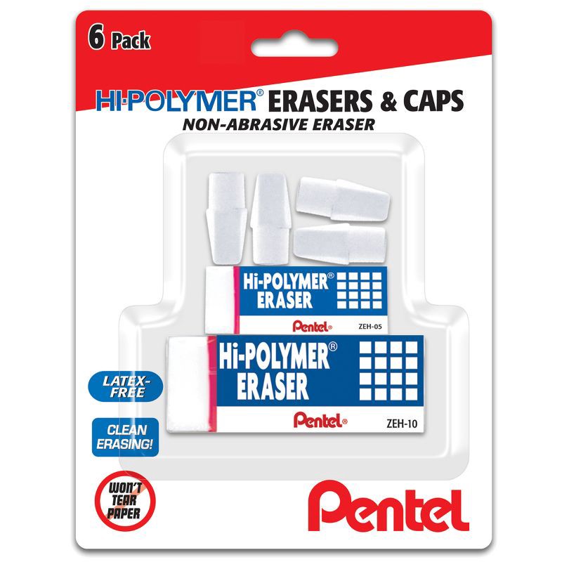 slide 1 of 6, Pentel 6pk Erasers and Caps White: Hi Polymer, Large Vinyl, Latex-Free, Right/Left-Handed Design, Stationery & Office Use, 6 ct