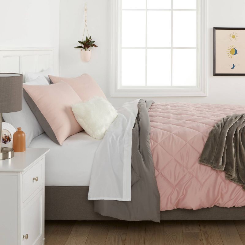 slide 3 of 4, 5pc Full/Queen Solid Microfiber Reversible Decorative Bed Set with Throw Blush - Room Essentials™, 5 ct