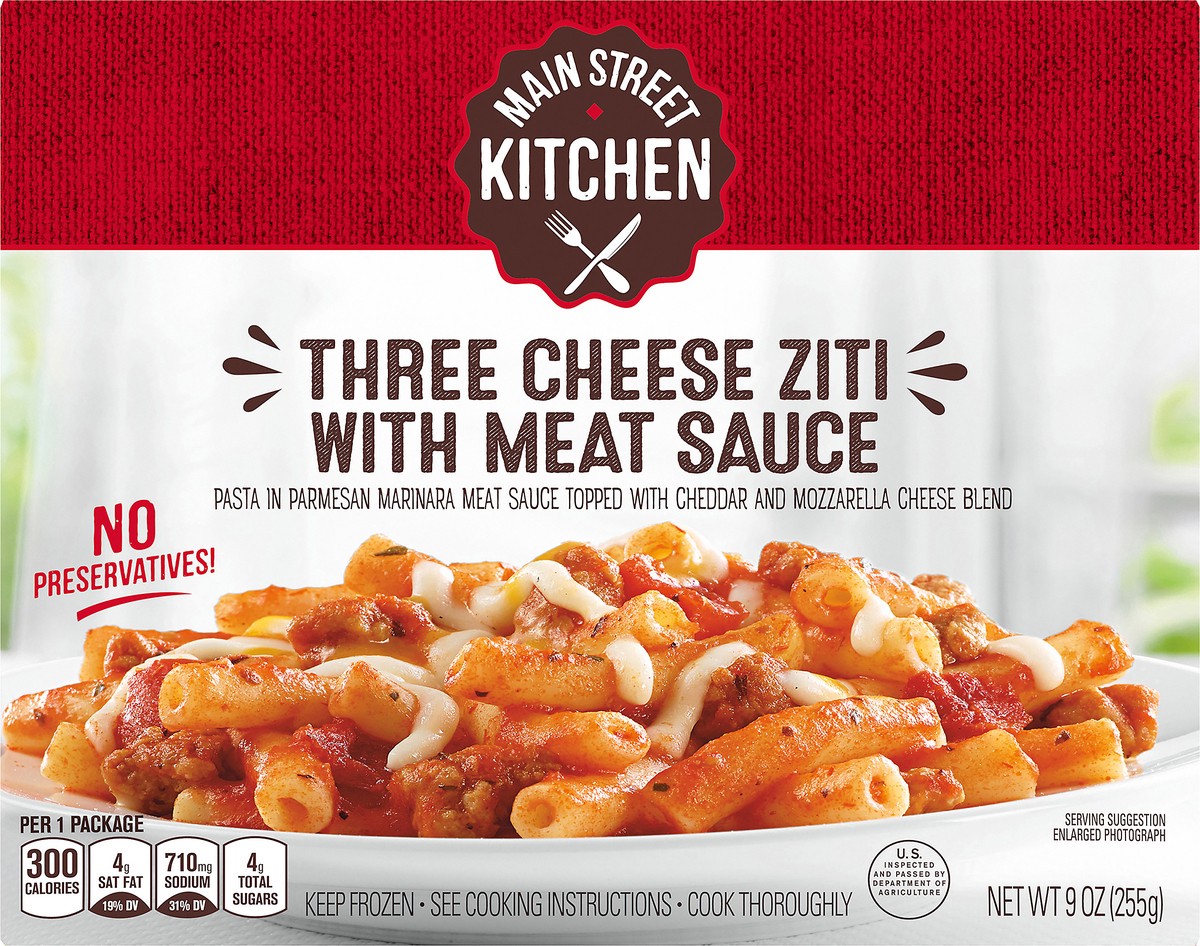 slide 12 of 14, Main Street Kitchen Three Cheese Ziti Pasta with Meat Sauce Frozen Meal, 9 oz Box, 9 oz