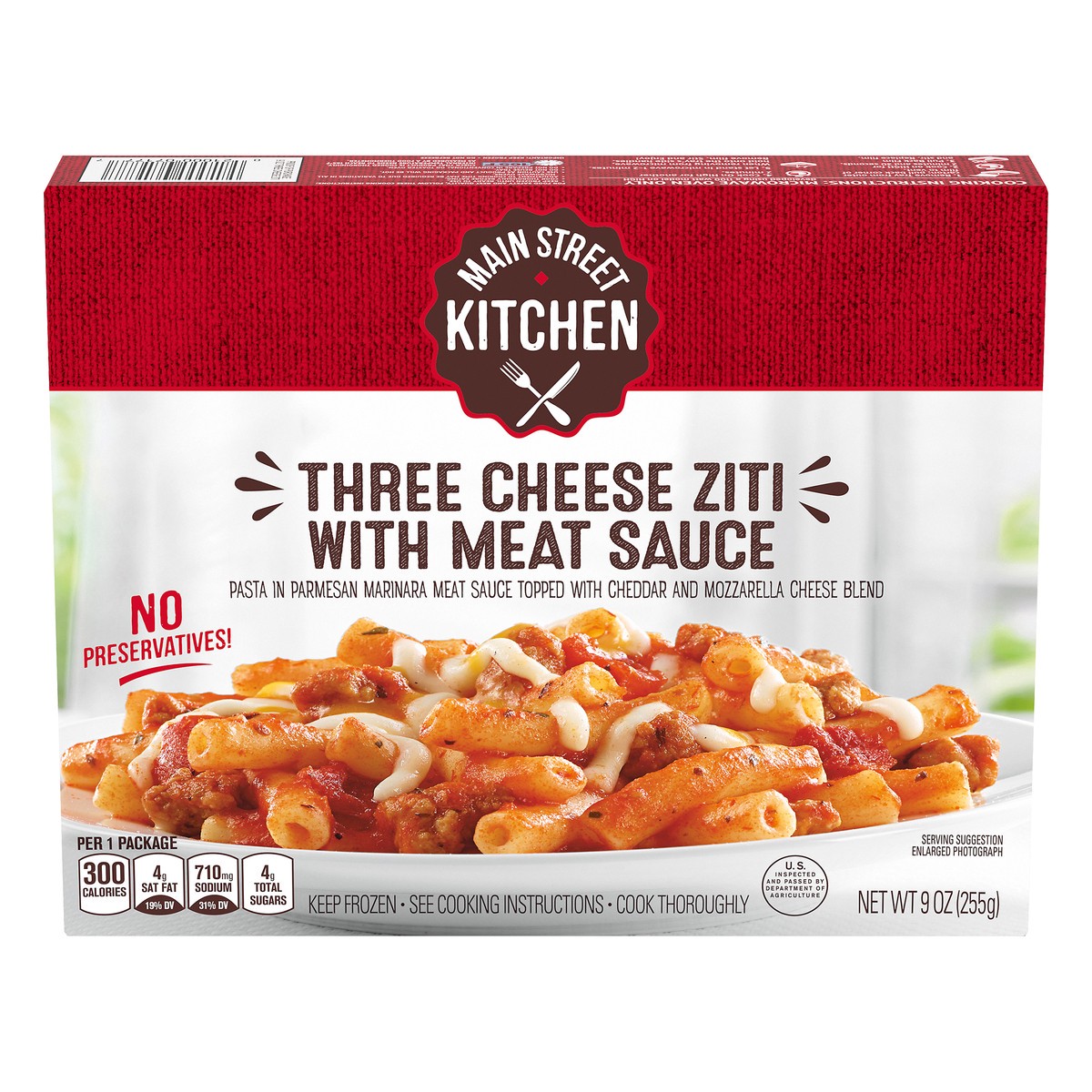 slide 4 of 14, Main Street Kitchen Three Cheese Ziti Pasta with Meat Sauce Frozen Meal, 9 oz Box, 9 oz