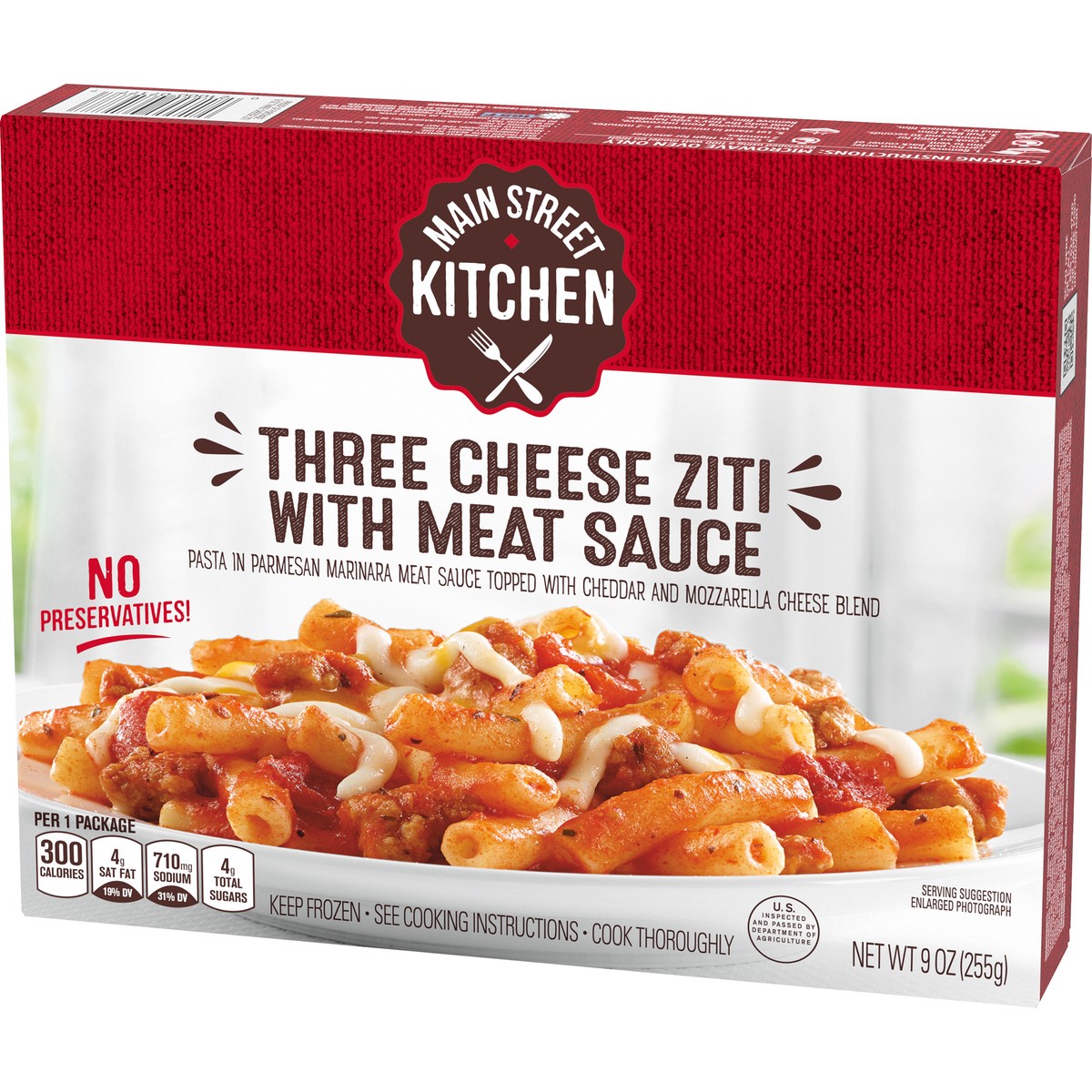 slide 5 of 14, Main Street Kitchen Three Cheese Ziti Pasta with Meat Sauce Frozen Meal, 9 oz Box, 9 oz