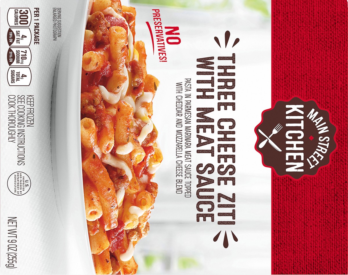 slide 7 of 14, Main Street Kitchen Three Cheese Ziti Pasta with Meat Sauce Frozen Meal, 9 oz Box, 9 oz