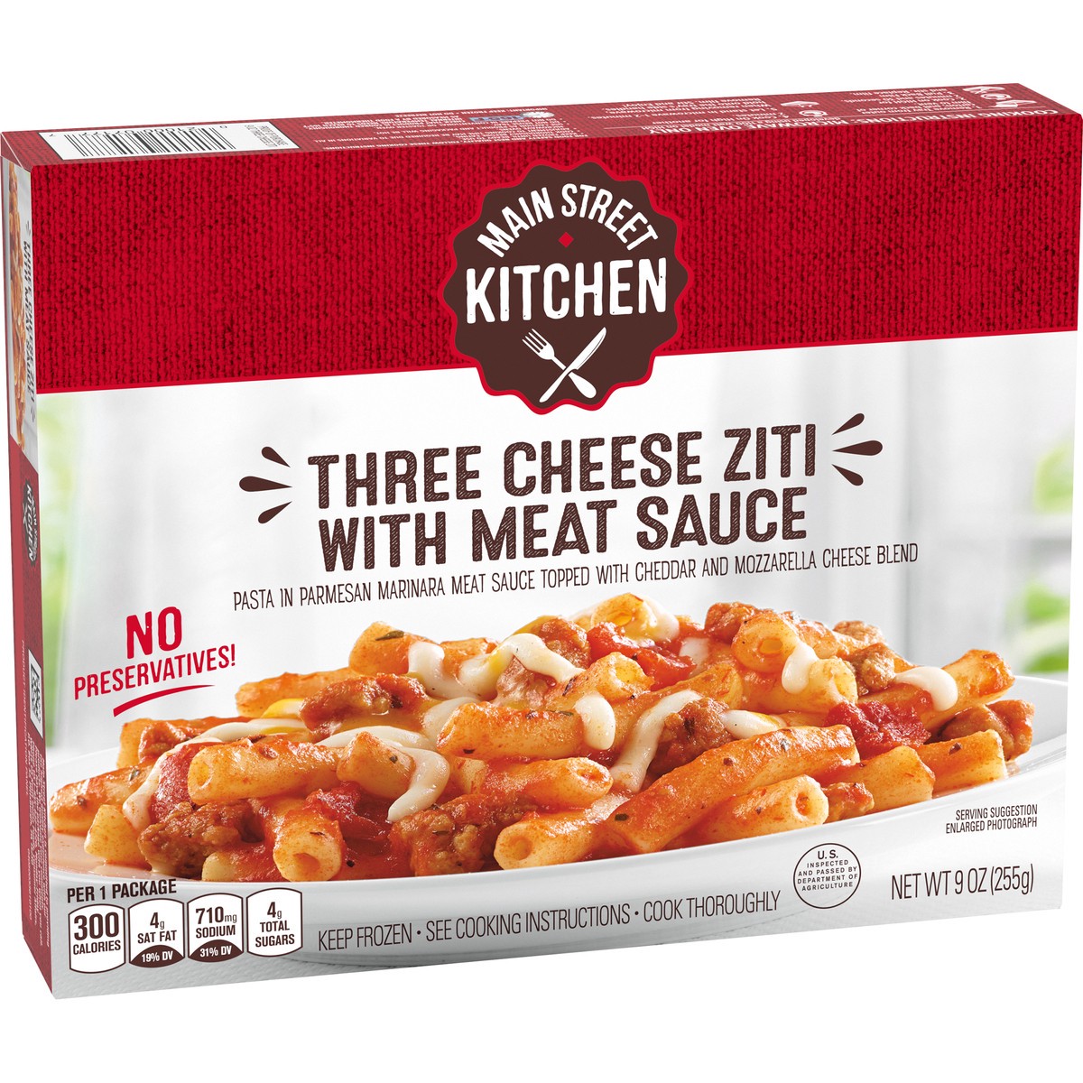 slide 8 of 14, Main Street Kitchen Three Cheese Ziti Pasta with Meat Sauce Frozen Meal, 9 oz Box, 9 oz