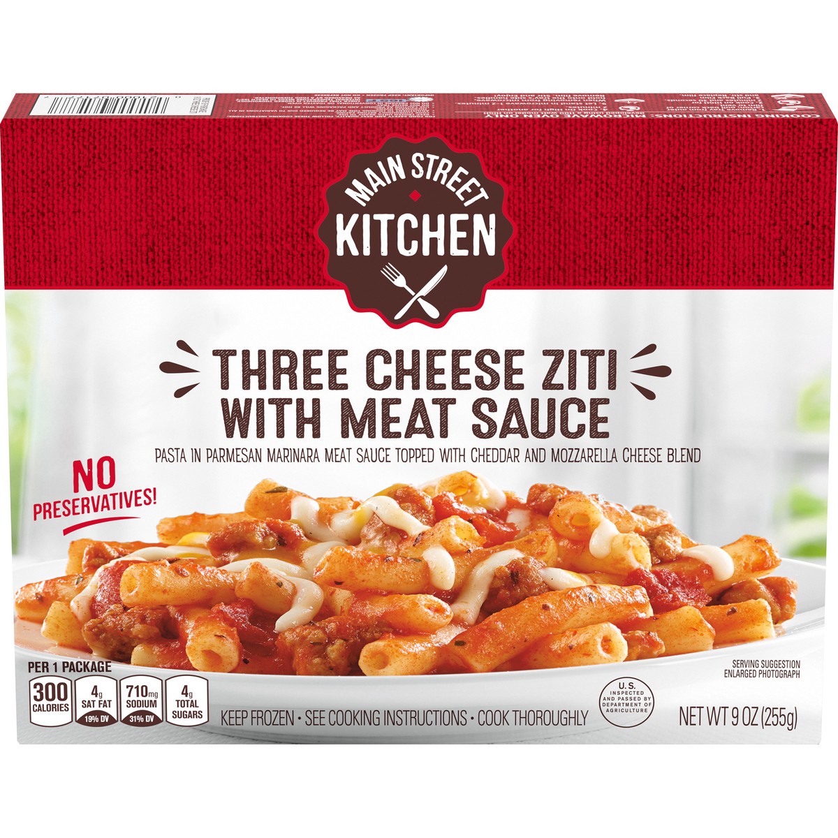 slide 1 of 14, Main Street Kitchen Three Cheese Ziti Pasta with Meat Sauce Frozen Meal, 9 oz Box, 9 oz