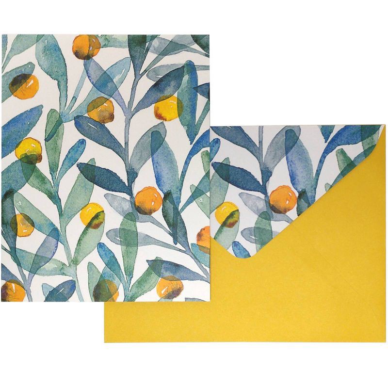 slide 3 of 3, Green Inspired 10ct Citrus Sprigs Blank Cards: Floral Stationery Note Cards with Envelopes, Botanical Design, All Occasions, 10 ct