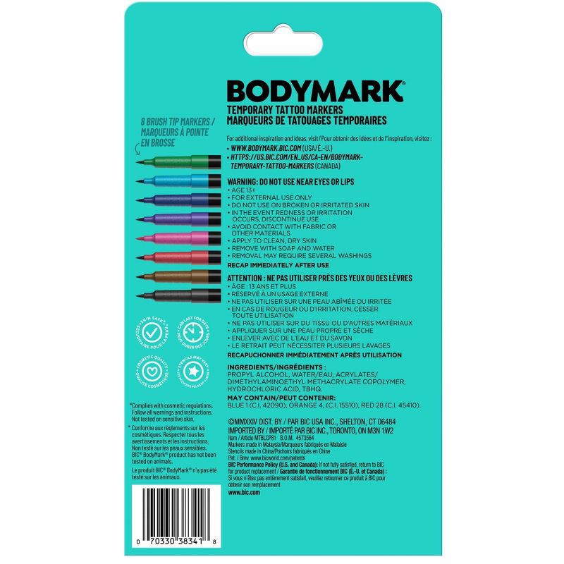 slide 2 of 9, BodyMark by BIC 8pk Collection Tattoo Marker: Fine Point, Washable, Multicolored Body Markers for Tattoos, Adult Use, 8 ct
