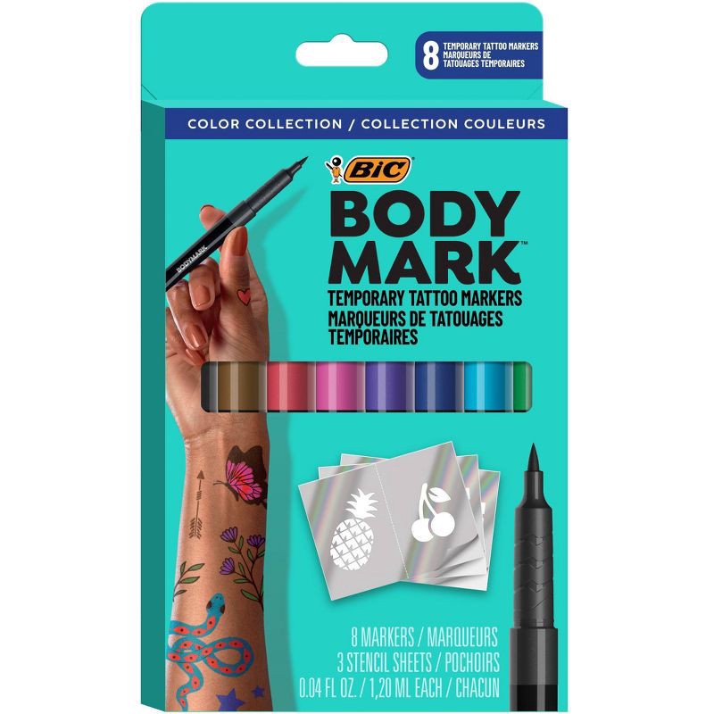 slide 7 of 9, BodyMark by BIC 8pk Collection Tattoo Marker: Fine Point, Washable, Multicolored Body Markers for Tattoos, Adult Use, 8 ct