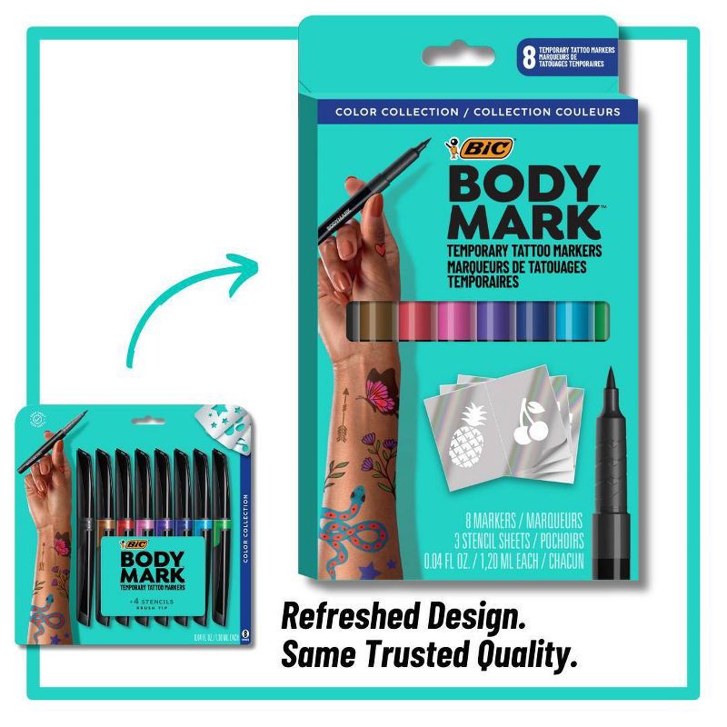 slide 1 of 9, BodyMark by BIC 8pk Collection Tattoo Marker: Fine Point, Washable, Multicolored Body Markers for Tattoos, Adult Use, 8 ct