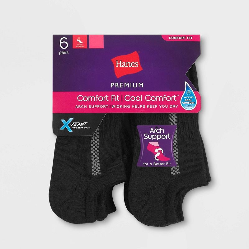 slide 2 of 2, Hanes Premium 6 Pack Women's Heel Toe Cushion Arch Support Super No Show Socks - Black 5-9, 6 ct