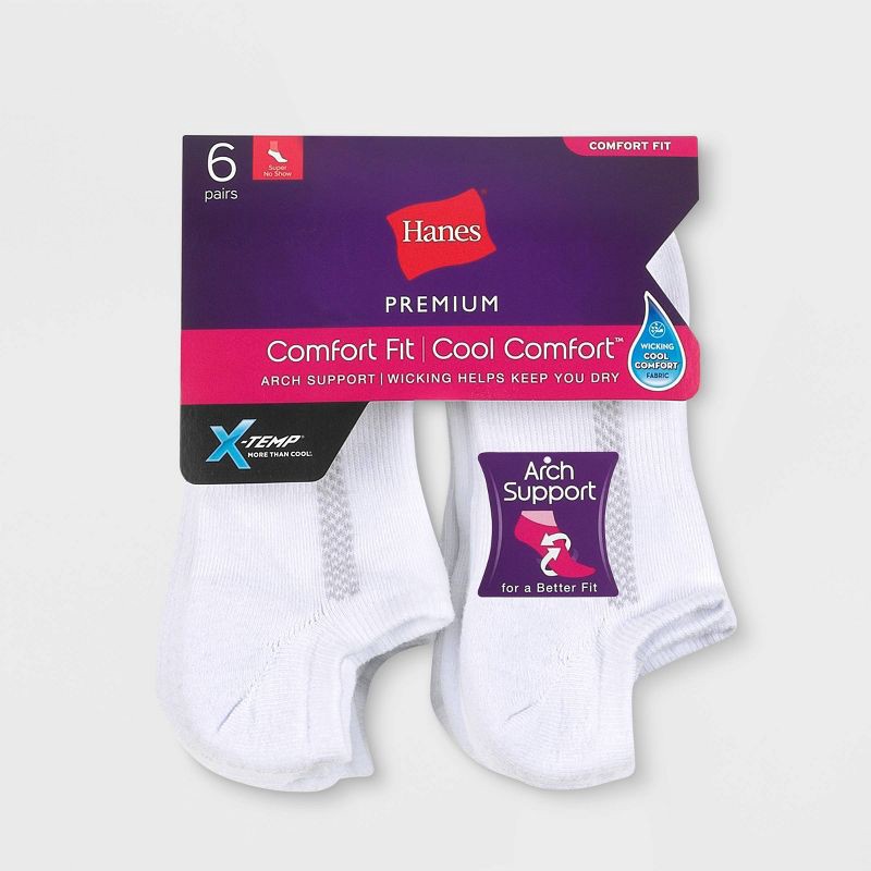 slide 2 of 2, Hanes Premium 6 Pack Women's Heel Toe Cushion Arch Support Super No Show Socks - White 5-9, 6 ct