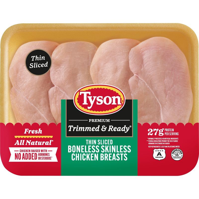 slide 1 of 9, Tyson Trimmed & Ready Thin-Sliced Boneless & Skinless Chicken Breast - 0.76-1.988lbs - price per lb, per lb