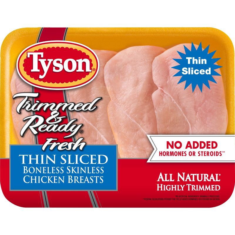 slide 1 of 6, Tyson Trimmed & Ready Boneless & Skinless Thin Sliced Chicken Breasts - 0.76-1.988 lbs - price per lb, per lb