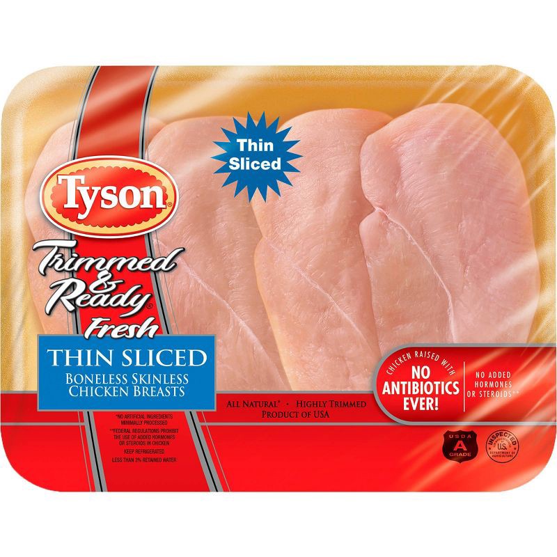 slide 1 of 5, Tyson Trimmed & Ready Boneless & Skinless Thin Sliced Chicken Breasts - 0.76-1.988 lbs - price per lb, per lb