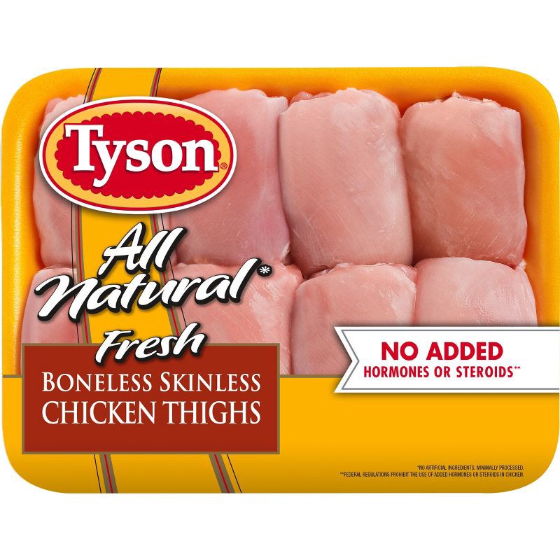 slide 1 of 6, Tyson All Natural Boneless & Skinless Antibiotic Free Chicken Thighs - 1.26-2.938 lbs - price per lb, per lb