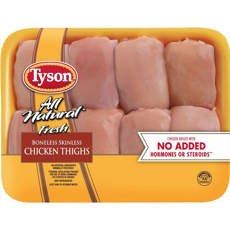 slide 1 of 5, Tyson All Natural Boneless & Skinless Antibiotic Free Chicken Thighs - 1.26-2.938 lbs - price per lb, per lb