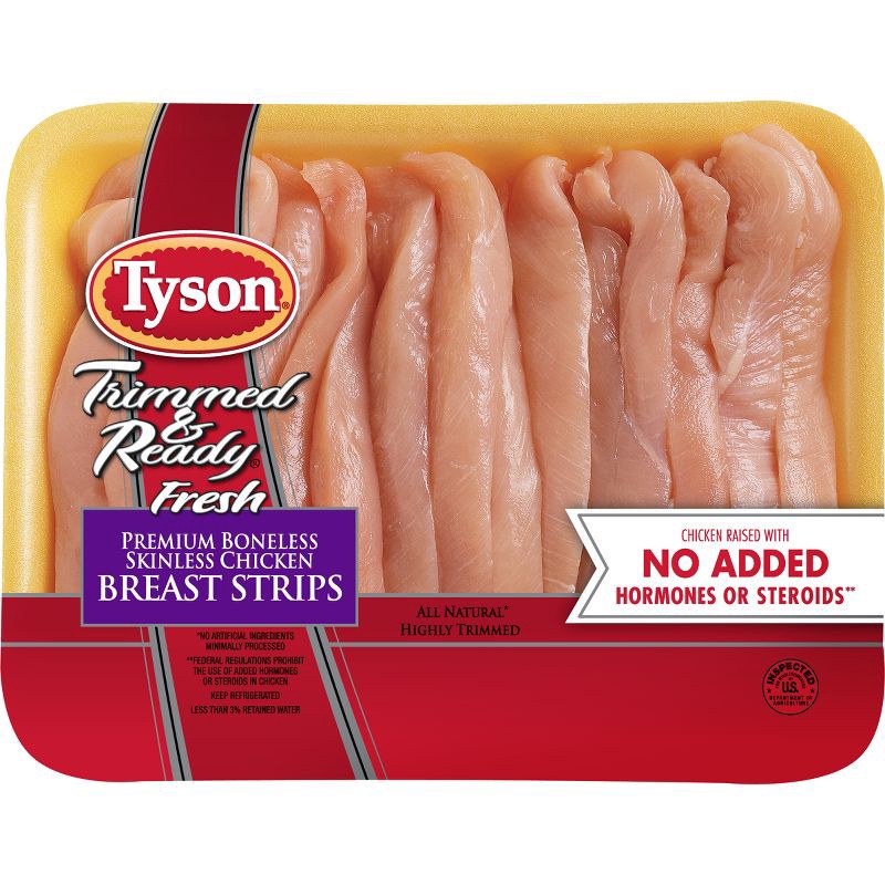 slide 1 of 3, Tyson Trimmed & Ready Chicken Breast Strips - 0.84-2.5 lbs - price per lb, per lb