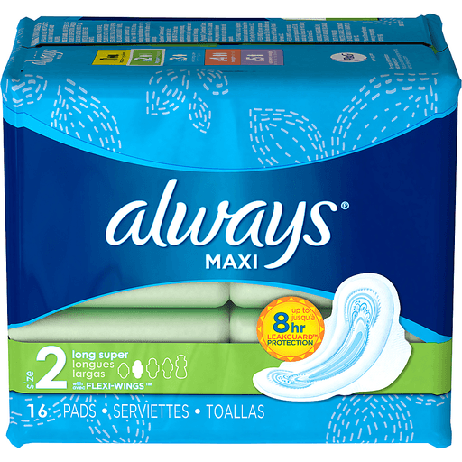 slide 6 of 13, Always Maxi Daytime Pads with Wings, Size 2, Long, Unscented, 16 CT, 16 ct