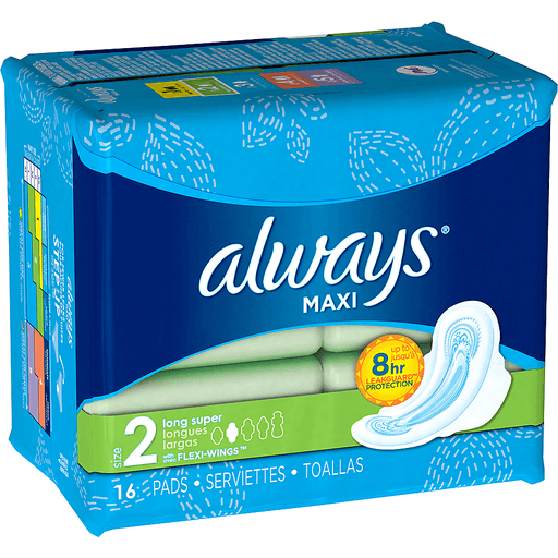 slide 13 of 13, Always Maxi Daytime Pads with Wings, Size 2, Long, Unscented, 16 CT, 16 ct