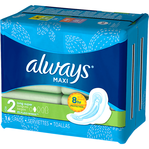 slide 5 of 13, Always Maxi Daytime Pads with Wings, Size 2, Long, Unscented, 16 CT, 16 ct