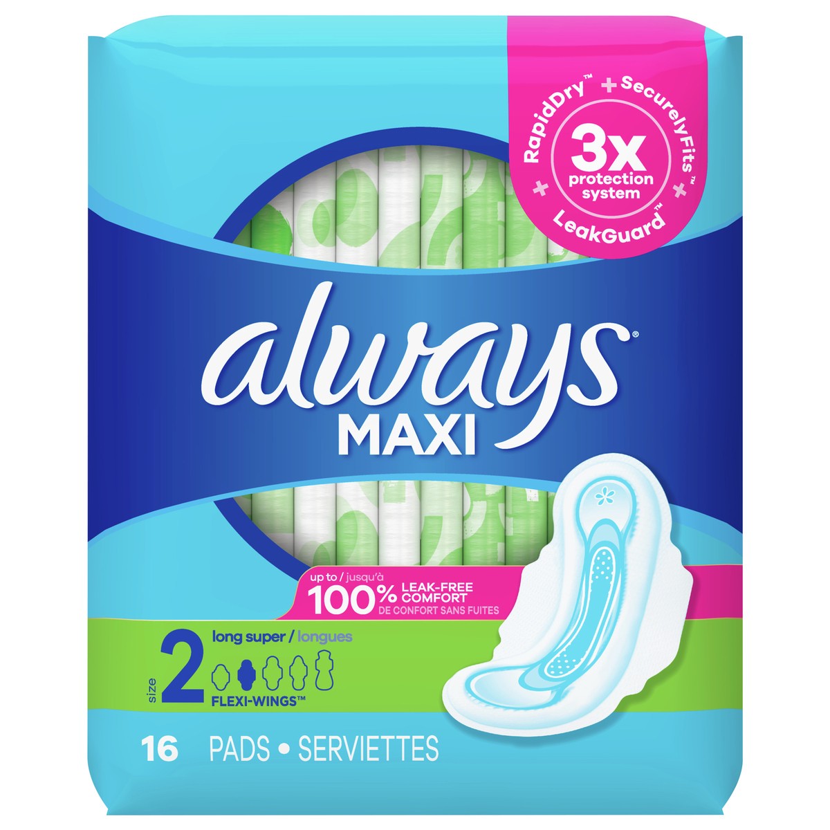 slide 1 of 13, Always Maxi Daytime Pads with Wings, Size 2, Long, Unscented, 16 CT, 16 ct