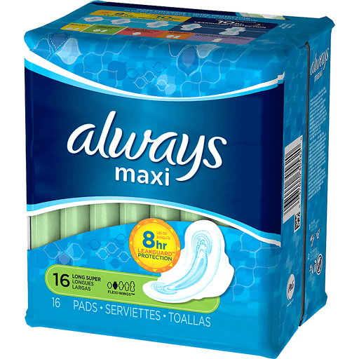 slide 4 of 13, Always Maxi Daytime Pads with Wings, Size 2, Long, Unscented, 16 CT, 16 ct