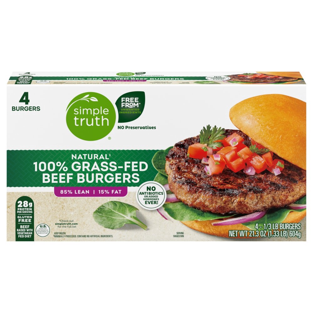 slide 3 of 3, Simple Truth 100% Grass-Fed Natural Beef Burgers, 4 ct / 21.3 oz