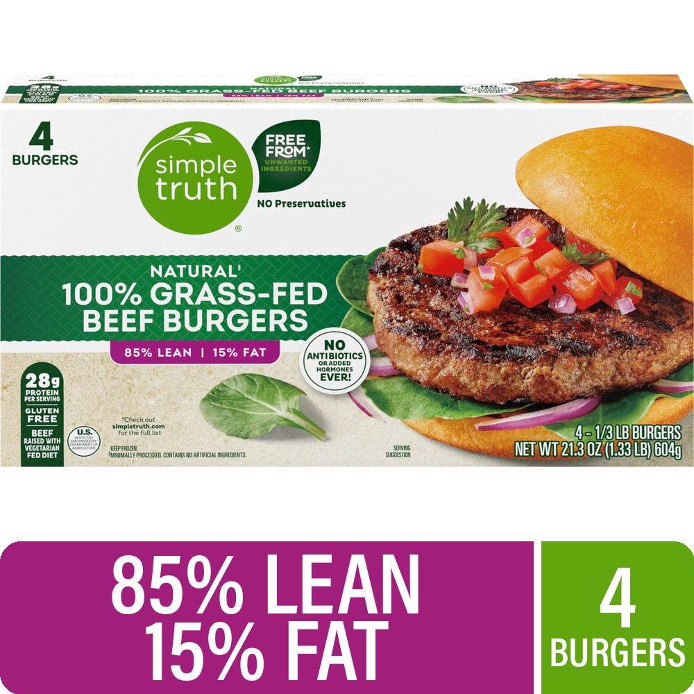 slide 1 of 3, Simple Truth 100% Grass-Fed Natural Beef Burgers, 4 ct / 21.3 oz