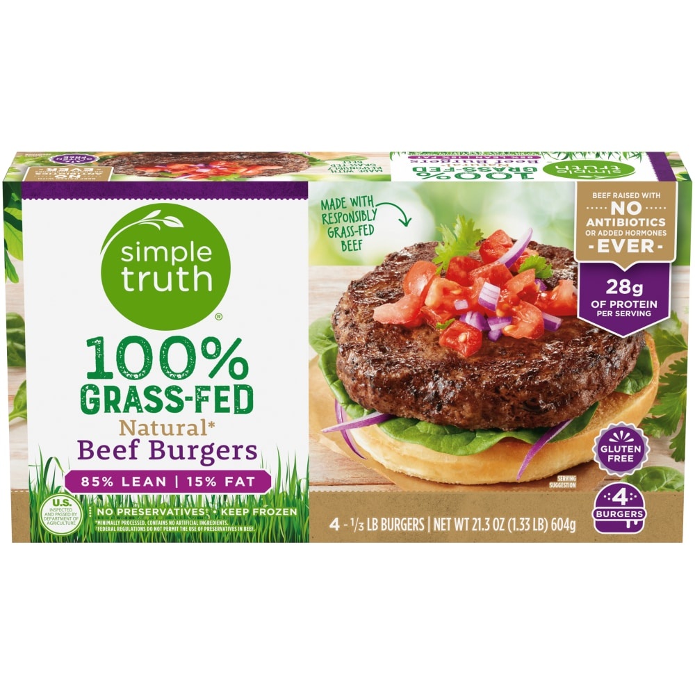 slide 1 of 1, Simple Truth 100% Grass-Fed Natural Beef Burgers, 4 ct / 21.3 oz