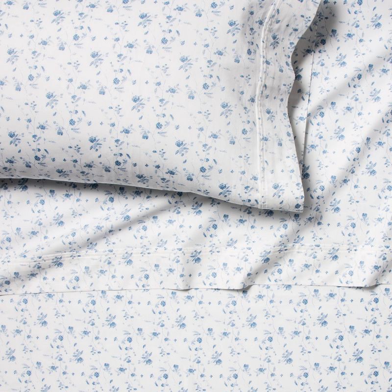 slide 2 of 4, Full Printed Performance 400 Thread Count Sheet Set White/Blue Floral - Threshold™: Cotton Sateen, Deep Pockets, OEKO-TEX Certified, 1 ct