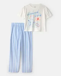 Carters Girls 'Weekend Vibes' Striped Loose Fit 2-Piece Pajama Set - Blue/Ivory Multi 8