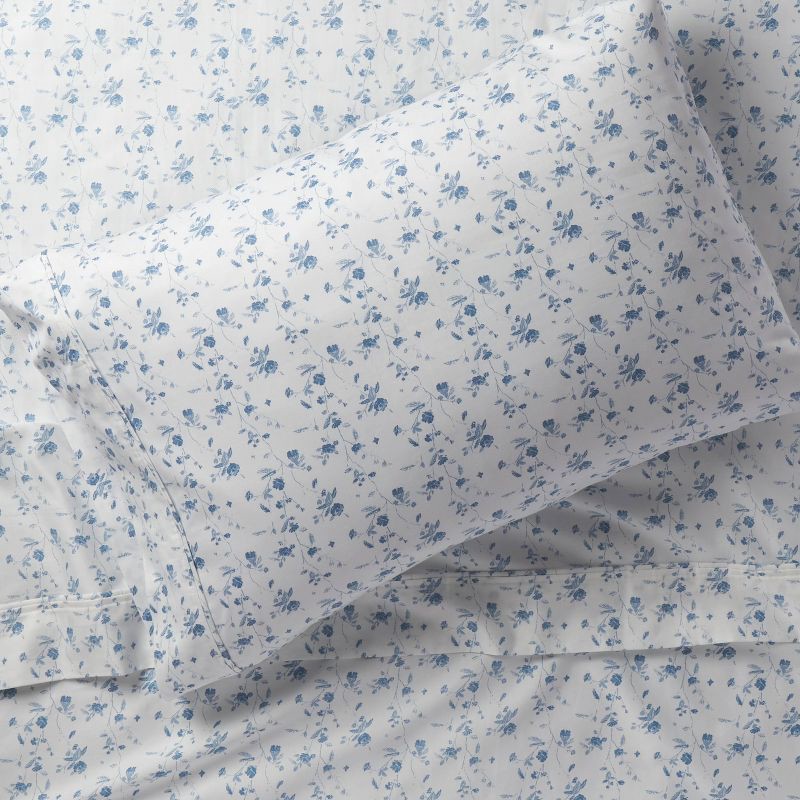 slide 2 of 4, Standard Printed Performance 400 Thread Count Pillowcase Set White/Blue Floral - Threshold™: Cotton Sateen, OEKO-TEX Certified, Set of 2, 1 ct