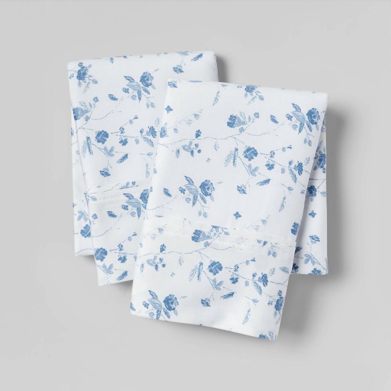 slide 1 of 4, Standard Printed Performance 400 Thread Count Pillowcase Set White/Blue Floral - Threshold™: Cotton Sateen, OEKO-TEX Certified, Set of 2, 1 ct