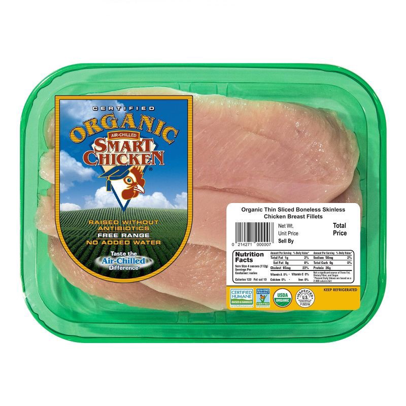 slide 1 of 8, Smart Chicken Organic Boneless & Skinless Thin Sliced Chicken Breast - 0.75-1.5lbs - price per lb, per lb