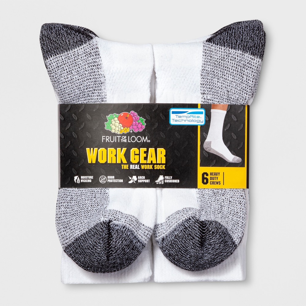slide 3 of 4, Fruit of the Loom Men's 6pk Work Gear Open Pack Crew Socks - White 6-12, 6 ct