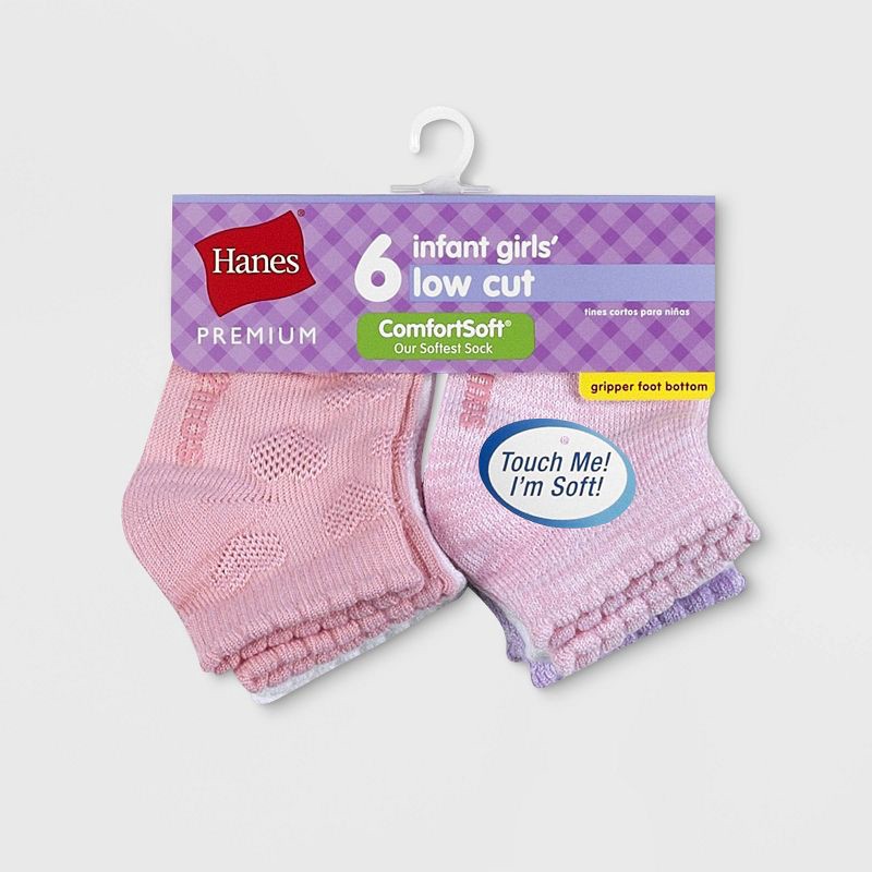 slide 2 of 4, Hanes Premium Baby Girls' 6pk Low Cut Comfortsoft Socks - Colors May Vary 6-12M: Breathable Knit, Nonslip Grippers, 6 ct