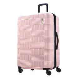 American Tourister NXT Hardside Large Checked Spinner Suitcase - Pink: Retractable Handle, ABS Material