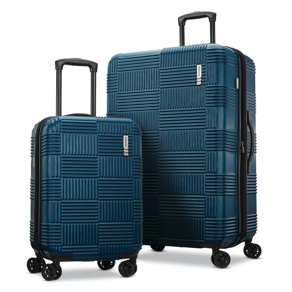 slide 8 of 8, American Tourister Checkered Hardside Spinner Suitcase - Teal, 1 ct