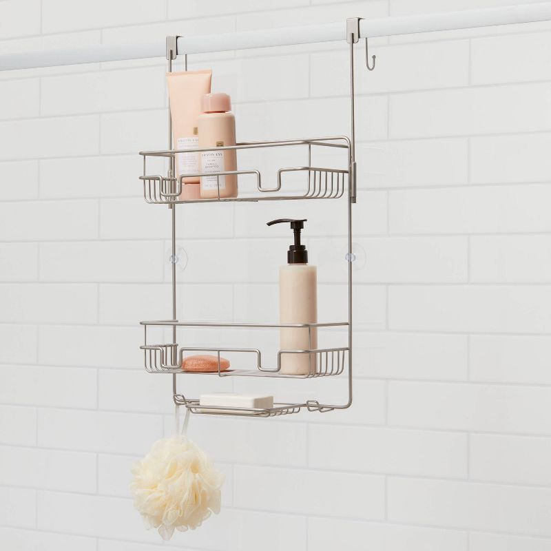 slide 2 of 3, Over the Door Round Wire Shower Caddy Matte Satin - Threshold™: Bathroom Storage, Rust-Resistant Steel Organizer, 1 ct