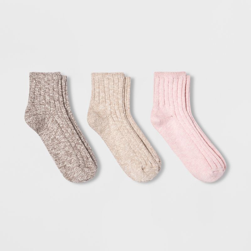 slide 1 of 2, Women's Slub 3pk Ankle Socks - Universal Thread™ - Pink/Cream 4-10: Lightweight Knit, Solid Pattern, 3 ct