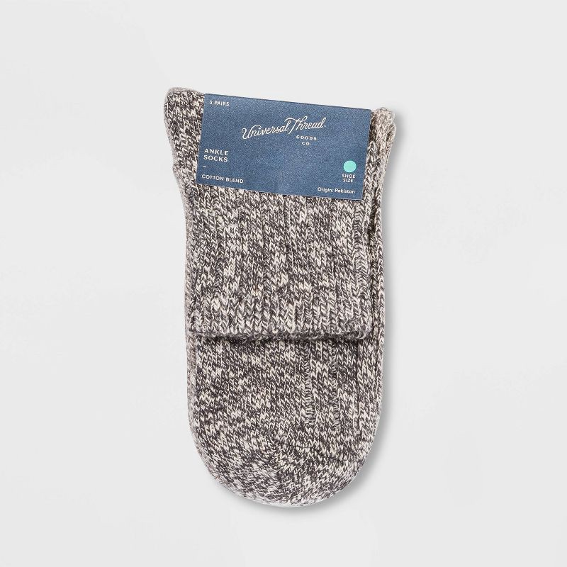 slide 2 of 2, Women's Slub 3pk Ankle Socks - Universal Thread™ - Black/Gray 4-10: Knit, Lightweight, 3 ct