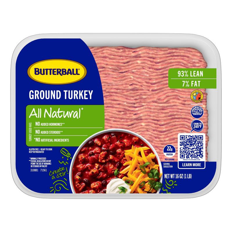 slide 2 of 8, Butterball All Natural Fresh 93/7 Ground Turkey - 16oz, 16 oz