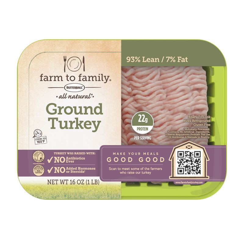 slide 1 of 7, Butterball Farm to Family 93/7 Ground Turkey - 16oz, 16 oz