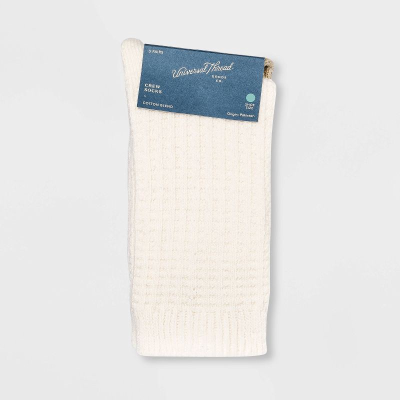 slide 2 of 2, Women's Waffle 3pk Crew Socks - Universal Thread™ Cream 4-10: Cotton Blend, Lightweight Knit, Machine Washable, Tumble Dry, 3 ct