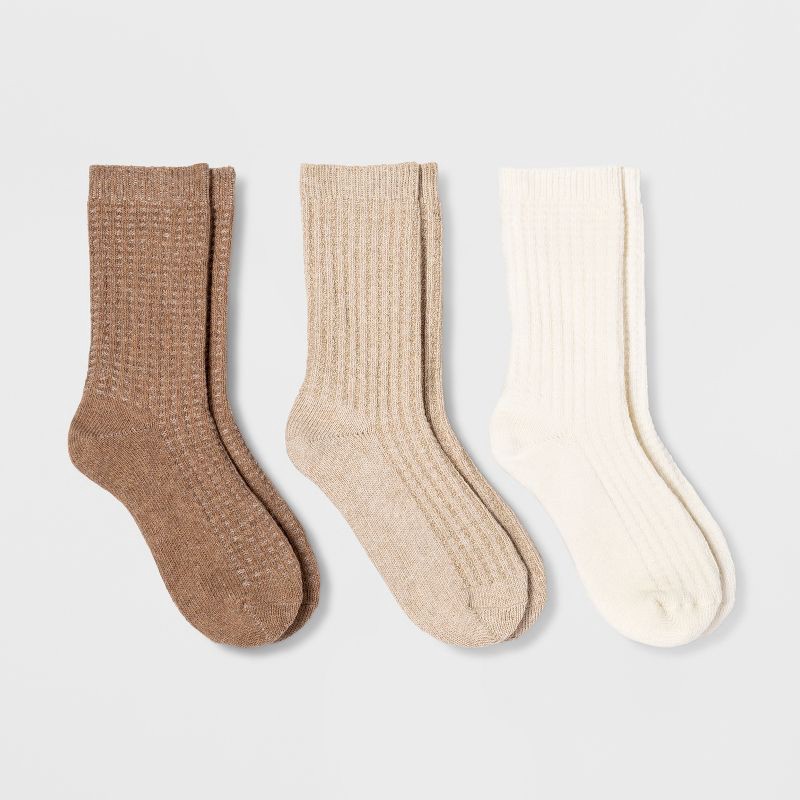 slide 1 of 2, Women's Waffle 3pk Crew Socks - Universal Thread™ Cream 4-10: Cotton Blend, Lightweight Knit, Machine Washable, Tumble Dry, 3 ct