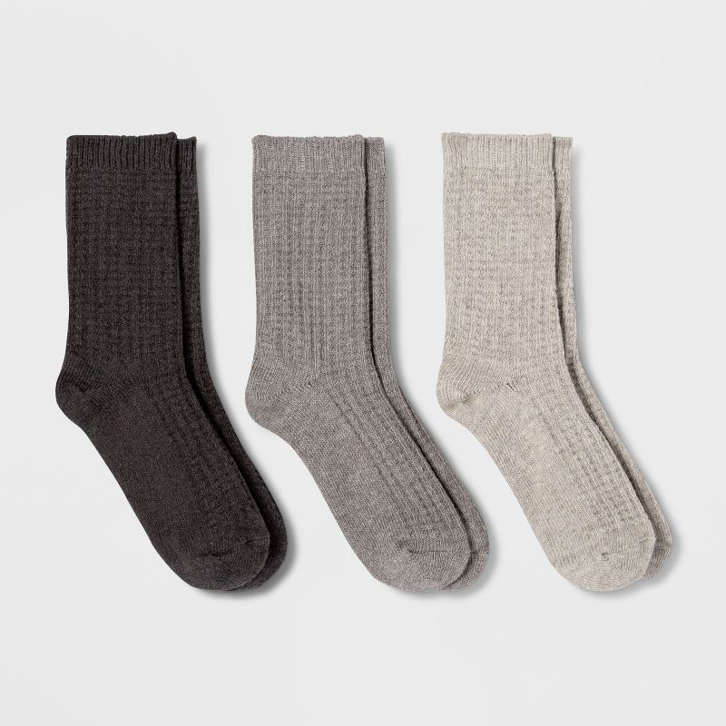 slide 1 of 2, Women's Waffle 3pk Crew Socks - Universal Thread™ Black/Heather Gray/Gray 4-10: Cotton Blend, Lightweight Knit, Machine Washable, 3 ct
