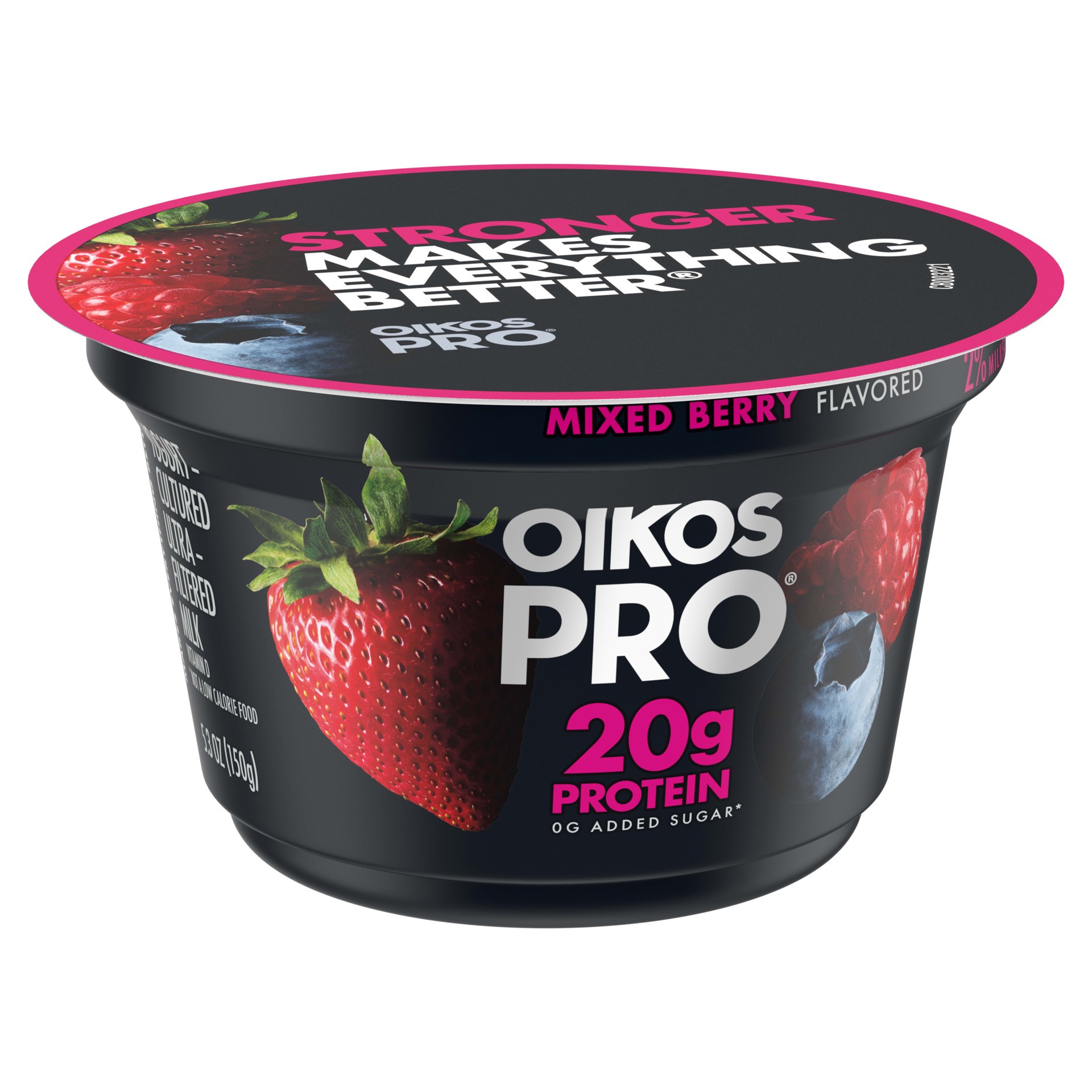 slide 4 of 5, Oikos Pro Mixed Berry Yogurt-Cultured Ultra-Filtered Milk Product, 20 Grams of Protein, 0g Added Sugar, Just Delicious High Protein Snacks, 5.3 OZ Cup, 5.3 oz