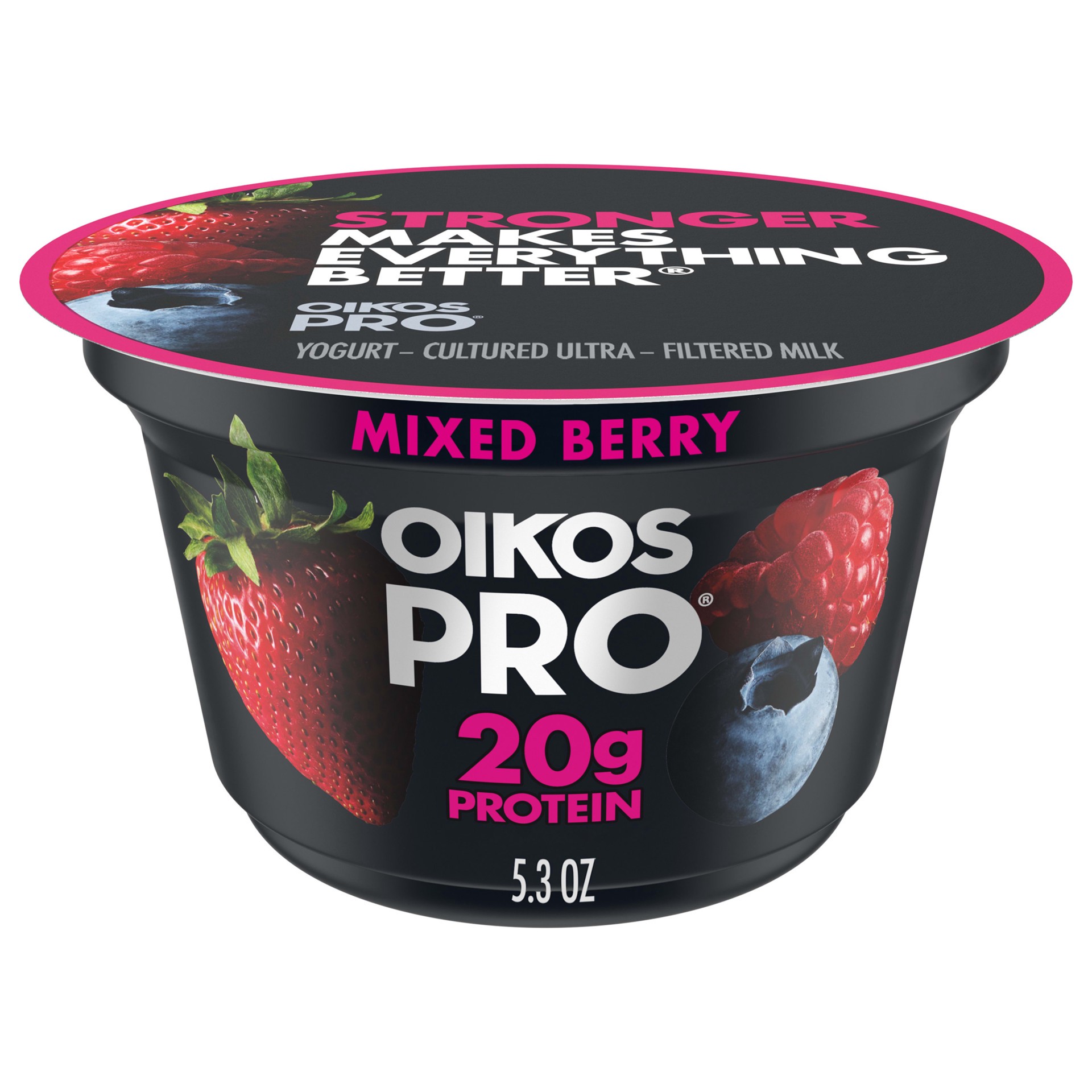 slide 1 of 5, Oikos Pro Mixed Berry Yogurt-Cultured Ultra-Filtered Milk Product, 20 Grams of Protein, 0g Added Sugar, Just Delicious High Protein Snacks, 5.3 OZ Cup, 5.3 oz