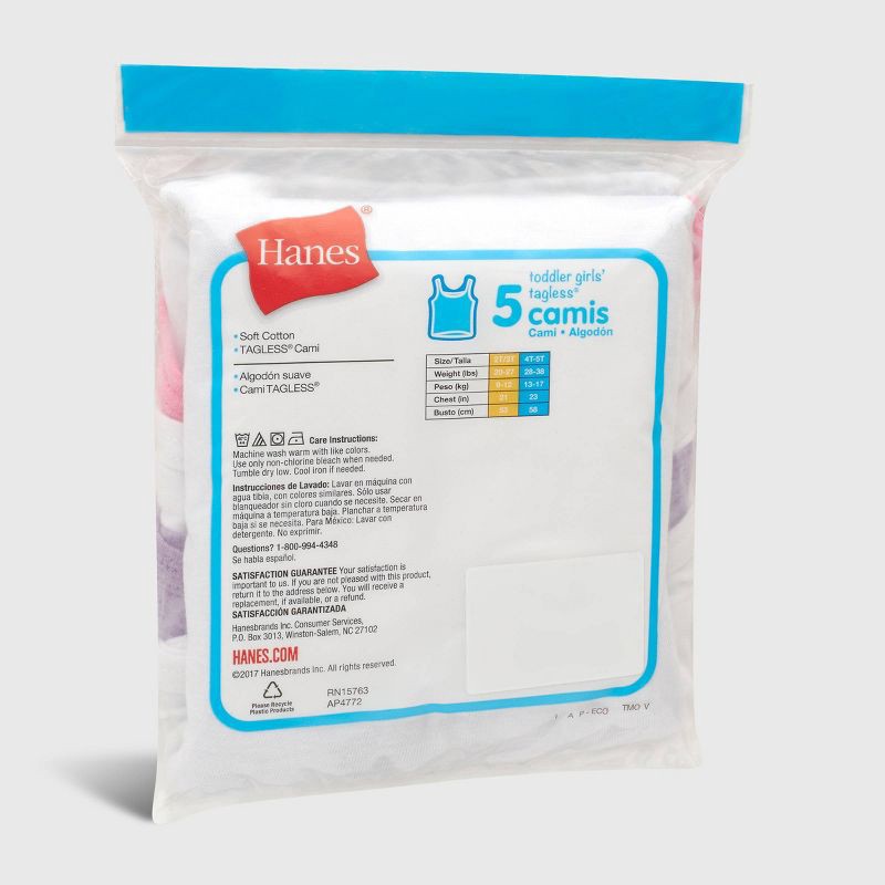 slide 4 of 5, Hanes Toddler Girls' 5pk Camisole - White/Pink/Purple 2T-3T: Tagless, Sleeveless, Scoop Back, 5 ct