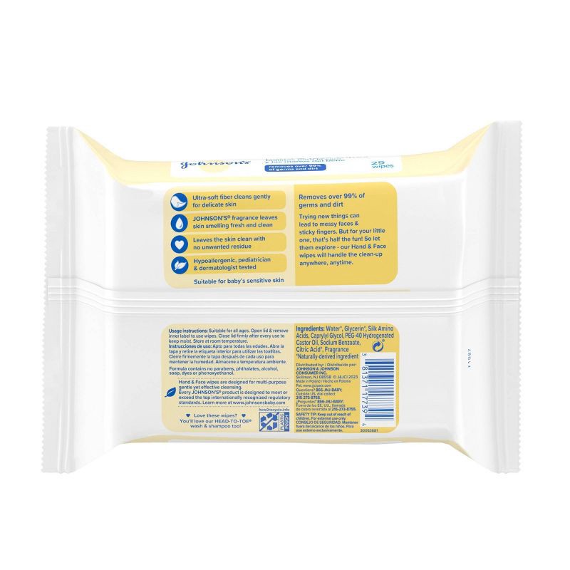 slide 2 of 6, Johnson's Baby Disposable Hand & Face Cleansing Wipes, Pre-Moistened Wipes, Gentle for Delicate Skin - 25ct, 25 ct